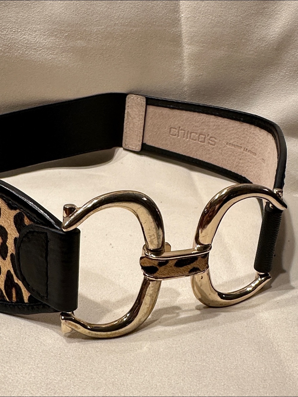 Chico's Leopard-Print Calf Leather Belt with Gold Double Ring Interlock Buckle S - Picture 9 of 9